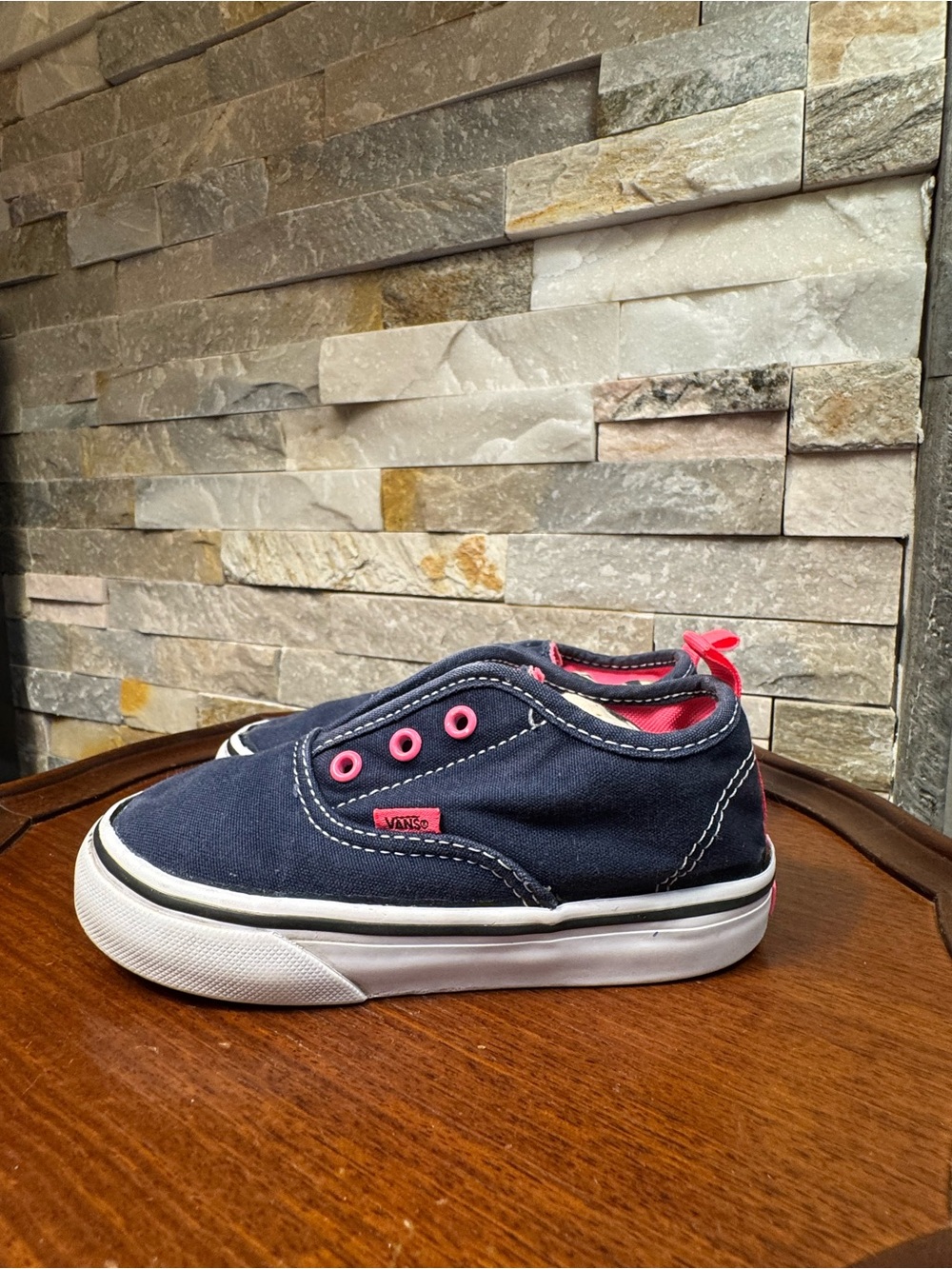 Toddler Sz 9.5 Vans Canvas Slip-on Navy Blue Pink Sneakers Shoes